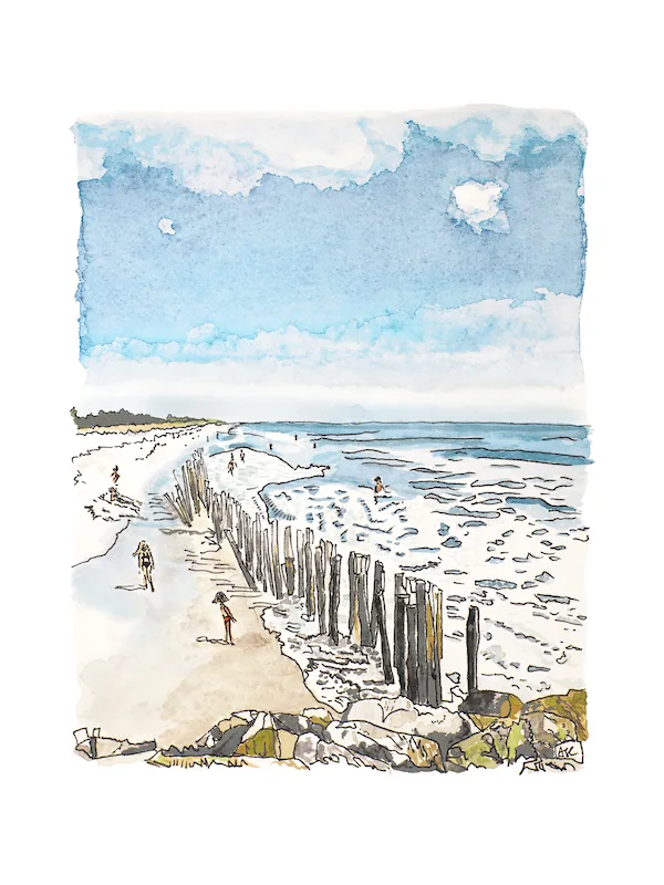 Illustration aquarelle paysage plage de Cleut Rouz, Mousterlin